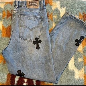 Levi's x chrome hearts women’s Light Blue Jeans with Black Cross Details unisex